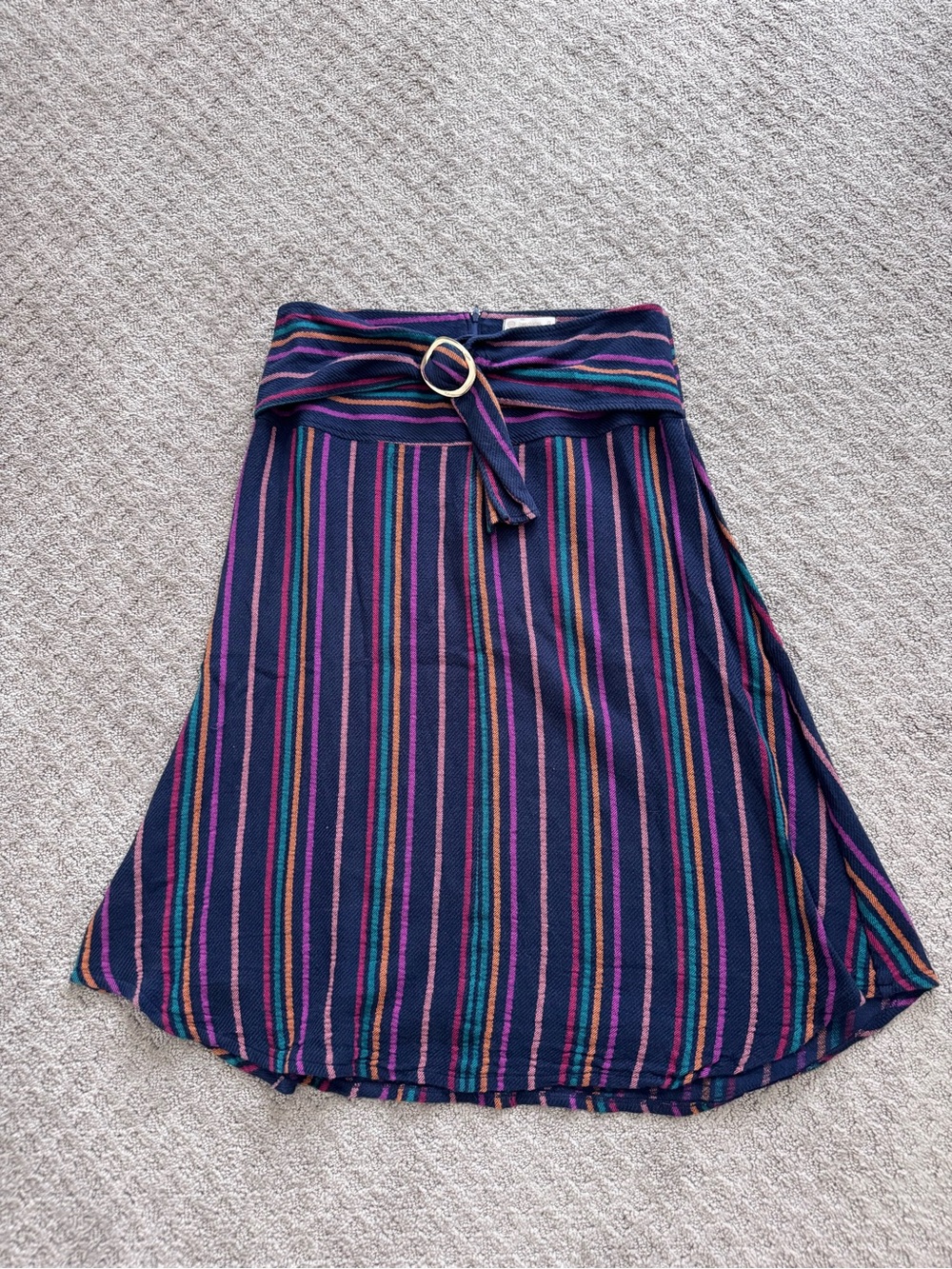 Striped A-Line Wrap Skirt with Belt - Navy and Multicolor